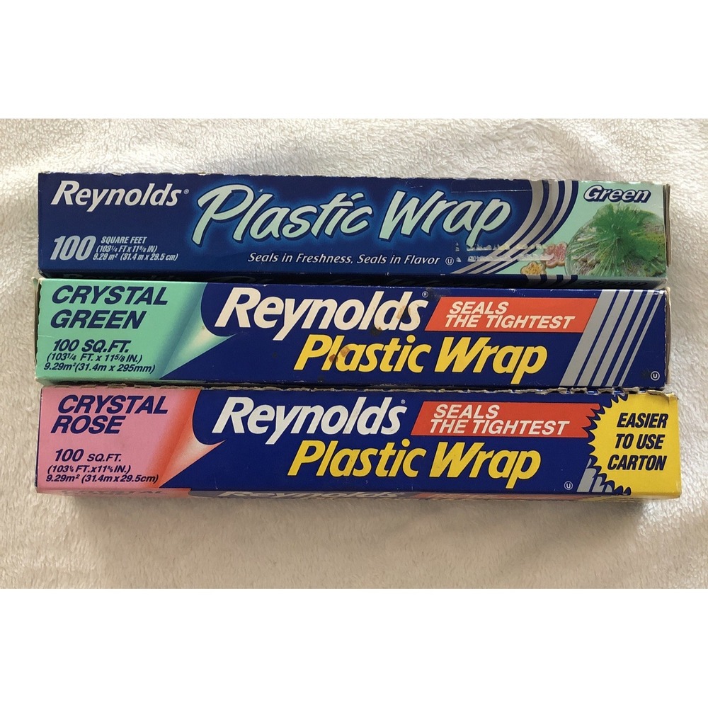 3 Roll Lot- Reynolds 1 Crystal Rose & 2 Green Color Tinted Plastic Wrap Unsealed
